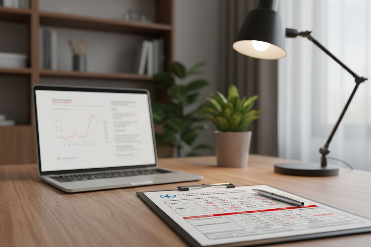 Can you make the clipboard with blood test results, but put it on a desk next to a laptop and lamp. Make the surroundings out of focus.